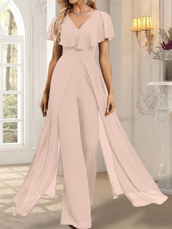 Combinaison-pantalon robe de soirée longue en mousseline à col en V