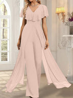 Combinaison-pantalon robe de soirée longue en mousseline à col en V