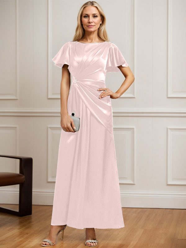 Vestido de novia corte A, escote redondo, largo hasta el tobillo, de satén elástico con plisados ​​y cuentas. 
