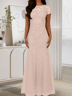 Robe sirène bleu marine foncé à sequins et tulle, décolleté rond, robe en tulle bleu marine foncé