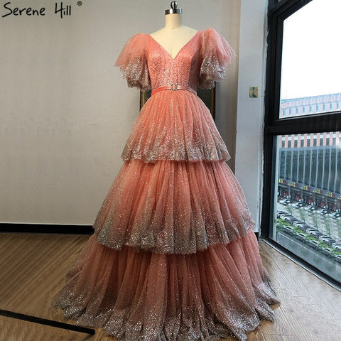 Sale Blush Pink V-Neck Sexy Sparkle Evening Dresses 2025 A-Line Tiered Sequined Tulle Evening Gowns LA60765