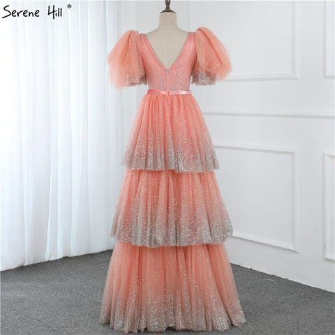 Sale Blush Pink V-Neck Sexy Sparkle Evening Dresses 2025 A-Line Tiered Sequined Tulle Evening Gowns LA60765