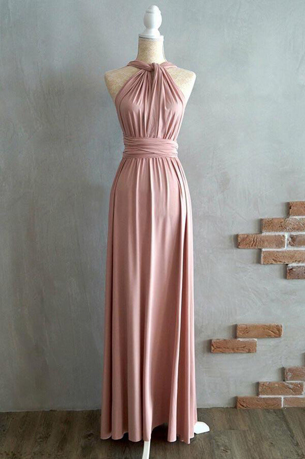 Robes de demoiselle d'honneur longues en spandex rose poudré, coupe trapèze, bretelles croisées