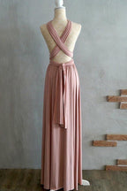Robes de demoiselle d'honneur longues en spandex rose poudré, coupe trapèze, bretelles croisées