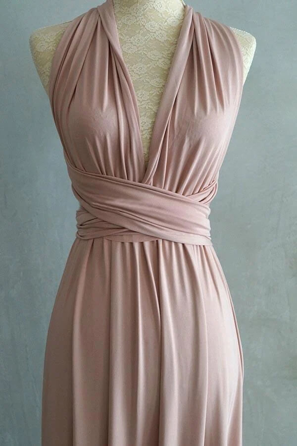 Robes de demoiselle d'honneur longues en spandex rose poudré, coupe trapèze, bretelles croisées