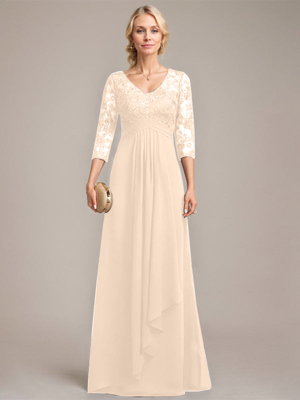 Vestido de novia de corte línea A, escote en V, largo hasta el suelo, de gasa de encaje con volantes en cascada y lentejuelas. 