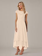 A-line Boat Neck Illusion Asymmetrical Chiffon Lace Mother of the Bride Dress With Applique Pleats