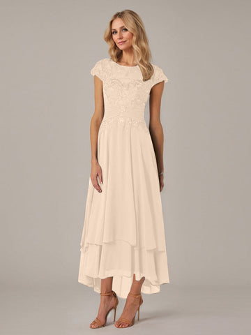 A-line Boat Neck Illusion Asymmetrical Chiffon Lace Mother of the Bride Dress With Applique Pleats