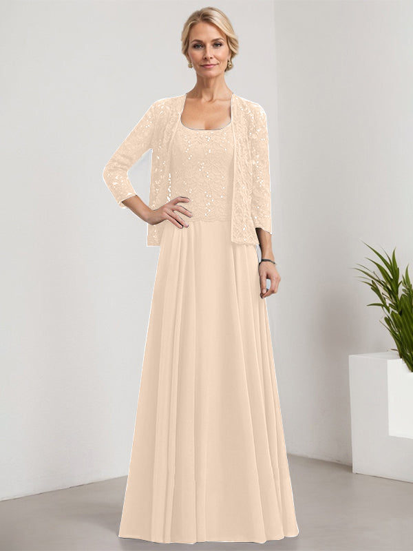 Vestido de corte A, cuadrado, largo hasta el suelo, de encaje y gasa con lentejuelas para la madre de la novia 