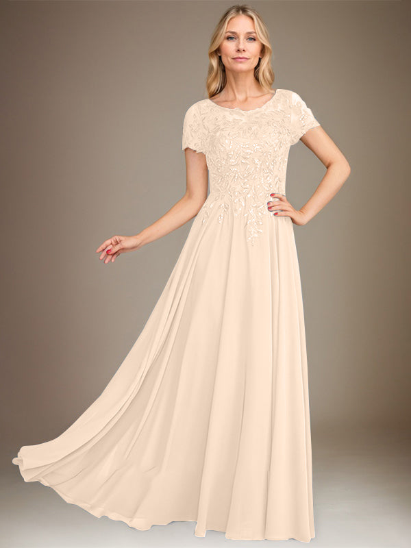Vestido de corte A, escote redondo, largo hasta el suelo, de gasa, para la madre de la novia, con apliques y lentejuelas. 