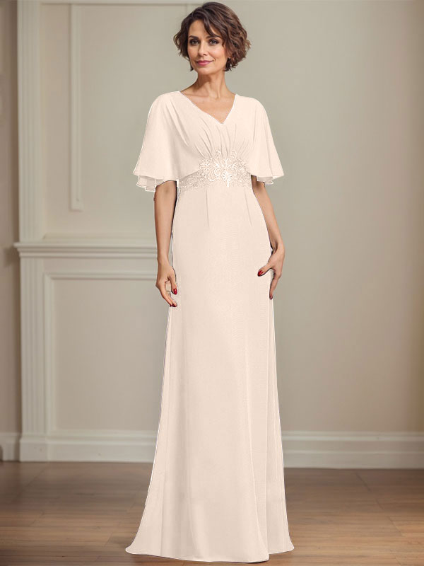 Vestido de corte A, escote en V, largo hasta el suelo, de gasa, para la madre de la novia, con apliques de lentejuelas plisadas y encaje.