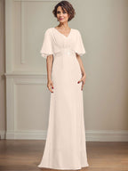 Vestido de corte A, escote en V, largo hasta el suelo, de gasa, para la madre de la novia, con apliques de lentejuelas plisadas y encaje.