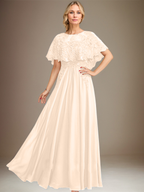 Robe de mère de la mariée en mousseline de soie dentelle, coupe trapèze, col bateau, longueur au sol, ornée d'appliqués de sequins 