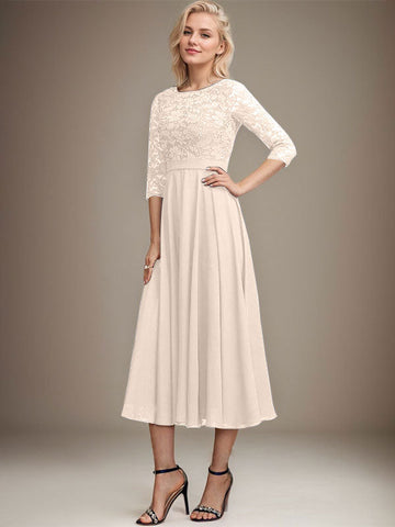 A-line Scoop Tea-Length Lace Chiffon Mother of the Bride Dress With Sequins