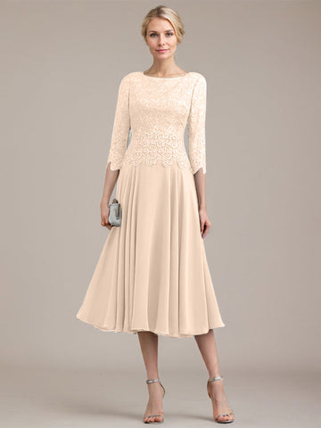 A-line Scoop Tea-Length Lace Chiffon Mother of the Bride Dress