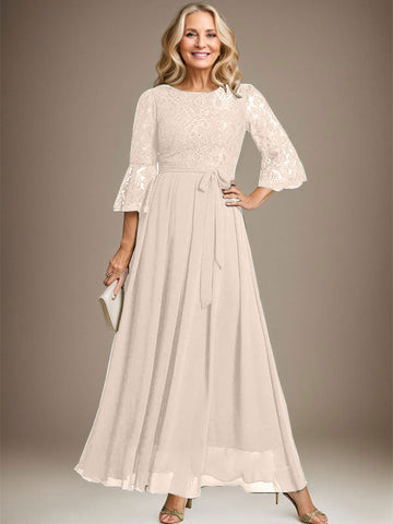 A-line Scoop Ankle-Length Lace Chiffon Mother of the Bride Dress With Bow