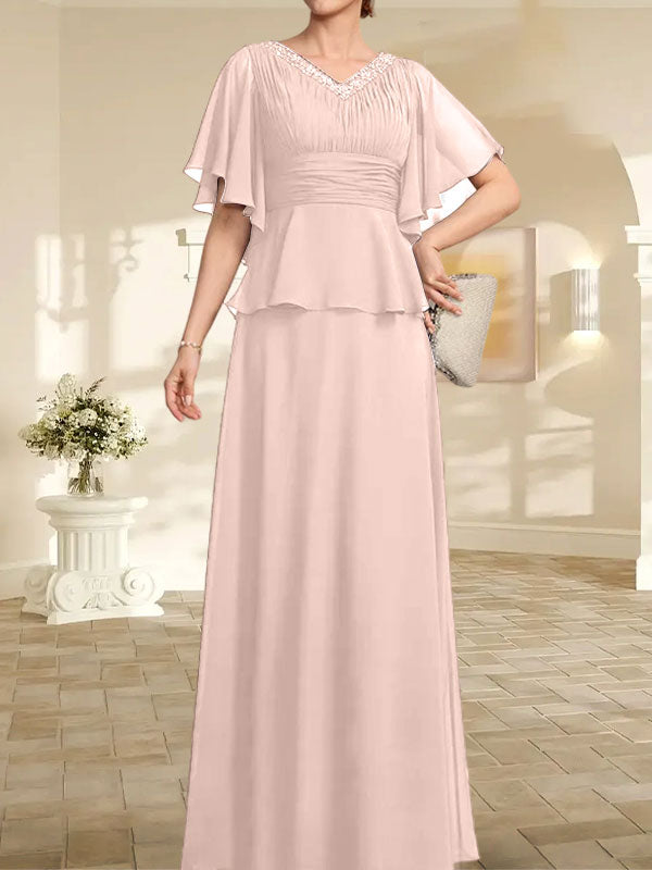 Vestido de gasa de corte A, escote en V, largo hasta el suelo, para la madre de la novia, con plisados ​​y cuentas.