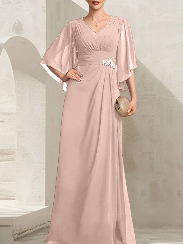 Vestido de corte recto/columna, escote en V, largo hasta el suelo, de gasa, para la madre de la novia, con lentejuelas plisadas y pedrería.