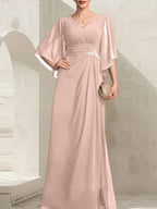 Vestido de corte recto/columna, escote en V, largo hasta el suelo, de gasa, para la madre de la novia, con lentejuelas plisadas y pedrería.