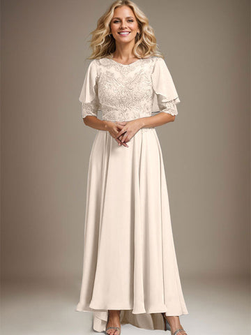 A-line Scoop Illusion Asymmetrical Chiffon Lace Mother of the Bride Dress With Beading