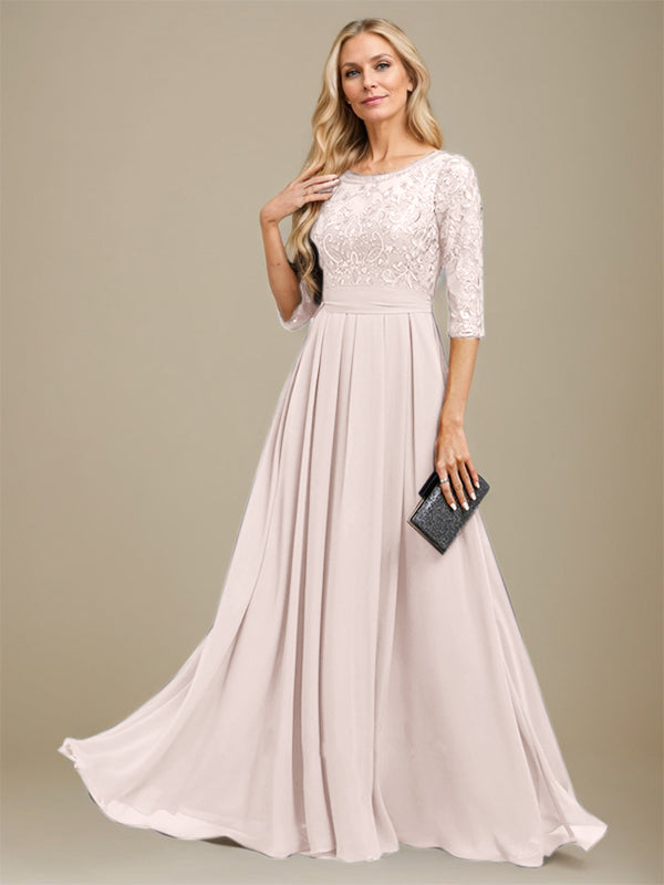 Vestido de corte A, escote redondo, largo hasta el suelo, de gasa de encaje con apliques de lentejuelas para la madre de la novia. 
