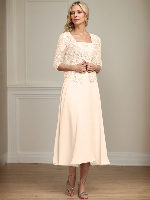 Vestido de corte A, largo midi, de gasa, encaje y lentejuelas para la madre de la novia. 