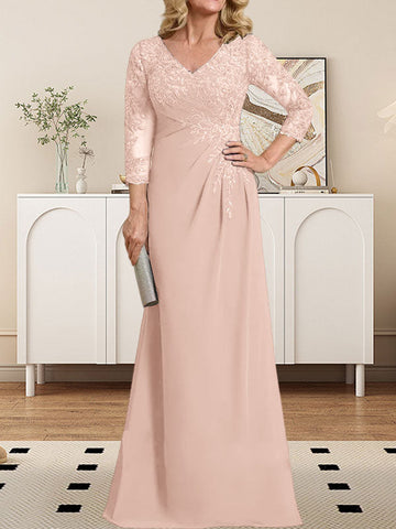 Sheath/Column V-Neck Illusion Floor-Length Lace Chiffon Mother of the Bride Dress With Pleated Sequins