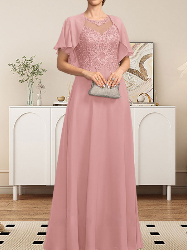 Robe de mère de la mariée en mousseline de dentelle, coupe trapèze, décolleté illusion, longueur au sol, ornée de sequins