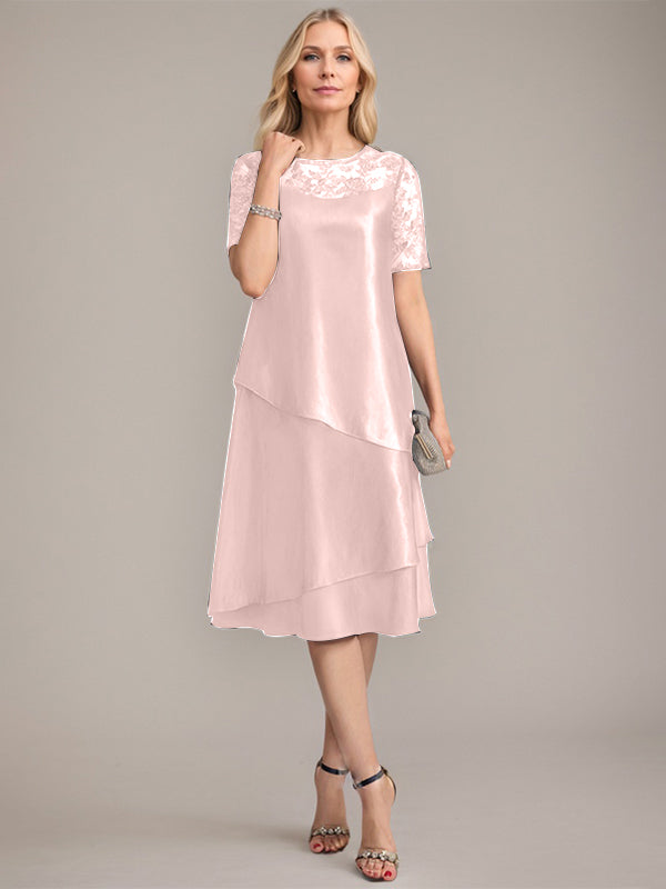 Vestido de corte A, escote redondo, largo hasta la rodilla, para la madre de la novia, con apliques y lentejuelas. 