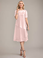 Vestido de corte A, escote redondo, largo hasta la rodilla, para la madre de la novia, con apliques y lentejuelas. 