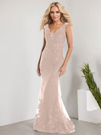 Vestido de sirena para la madre de la novia, corte sirena, escote en V, largo hasta el suelo, de gasa de encaje con apliques de lentejuelas. 