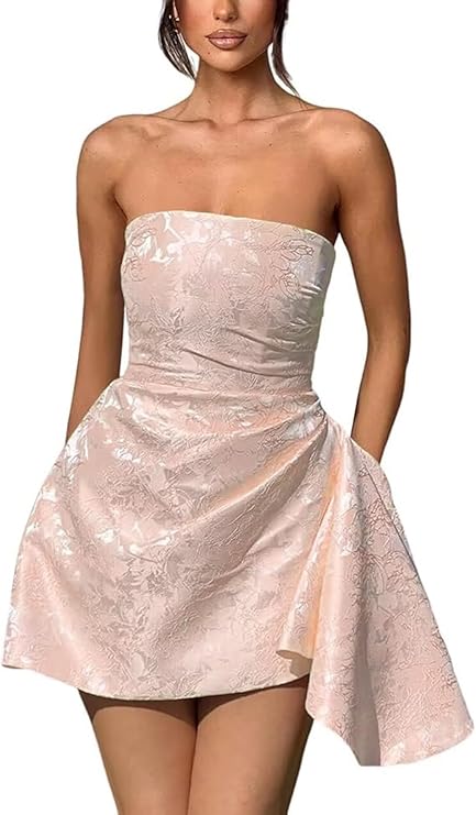 Vestido corto de fiesta de bienvenida, sin tirantes, corte en A, de satén jacquard, asimétrico, con cordones.