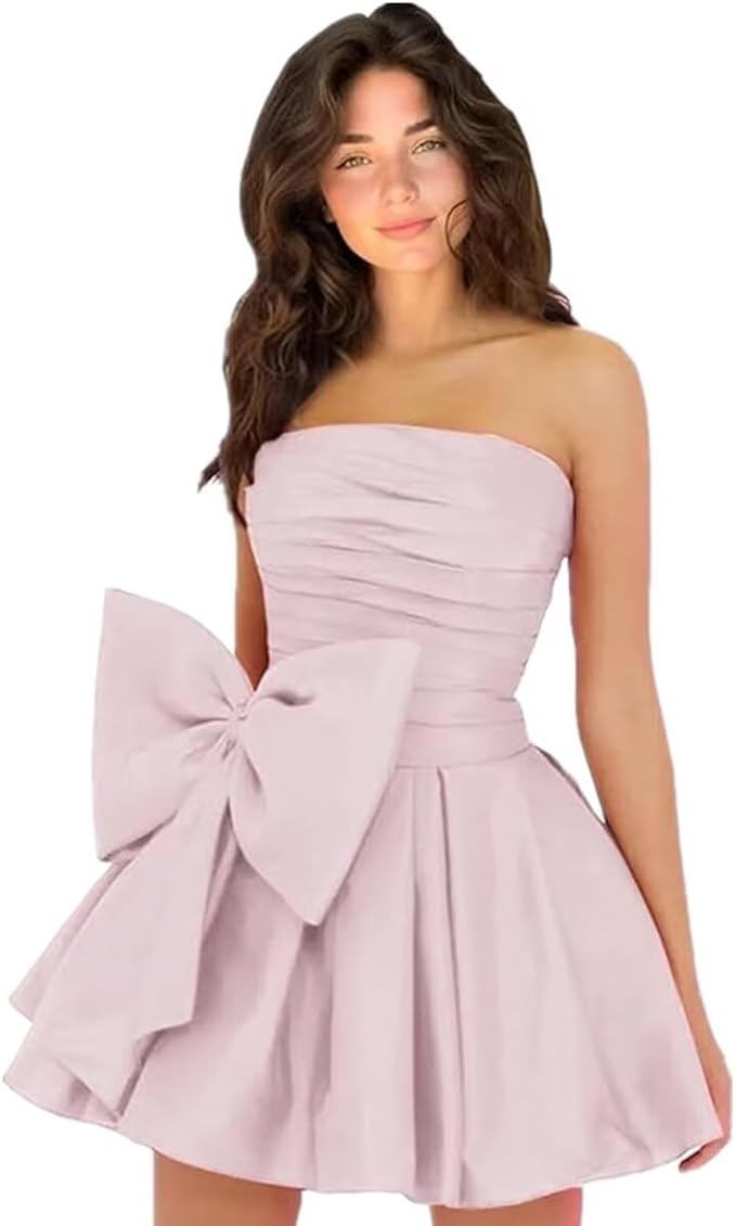 Robes de soirée courtes et chics pour le bal de promo, coupe trapèze, sans manches, bustier, froncées, lacées et ornées d'un nœud.