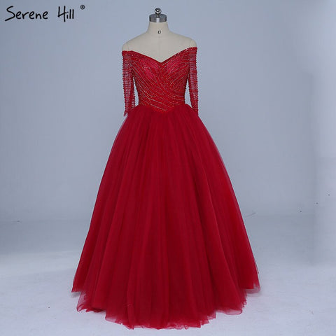 Robe de soirée sexy en tulle à paillettes et perles, col bateau, rouge vin, sans retour, photo réelle, LA6393 