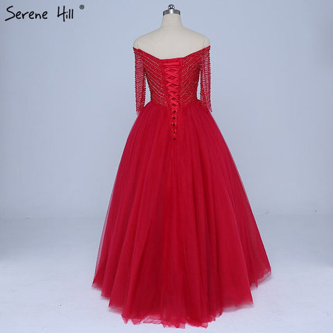 Robe de soirée sexy en tulle à paillettes et perles, col bateau, rouge vin, sans retour, photo réelle, LA6393 