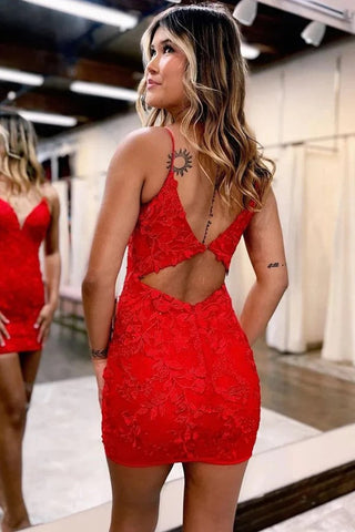 Vestido rojo ajustado de tirantes finos para baile de bienvenida con lentejuelas PD522