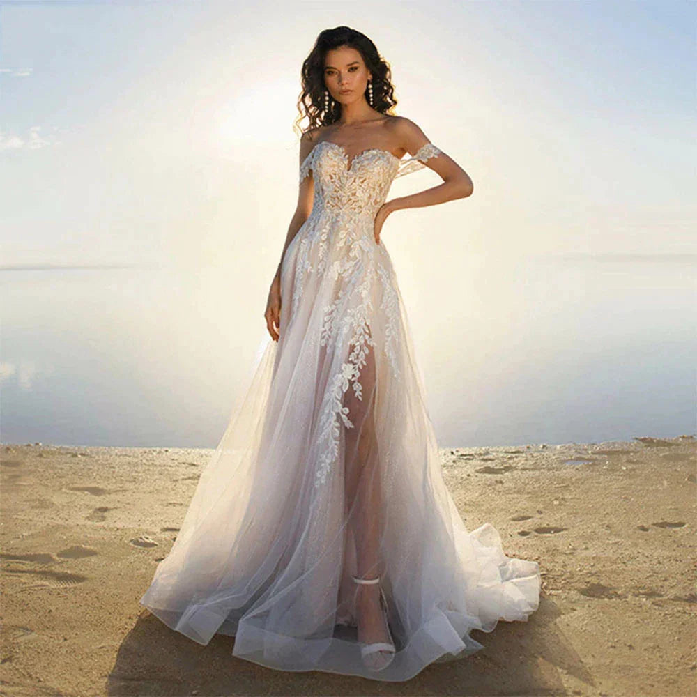 Bohemia Off Shoulder Wedding Dresses Women's Elegant Sleeveless Retro Sweet Lace Decal A-Line Backless Bridal Gowns Vestidos De
