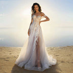 Bohemia Off Shoulder Wedding Dresses Women's Elegant Sleeveless Retro Sweet Lace Decal A-Line Backless Bridal Gowns Vestidos De