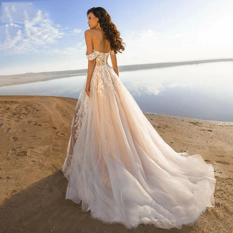 Vestidos de novia bohemios con hombros descubiertos, elegantes vestidos de novia retro sin mangas con encaje dulce y espalda descubierta.