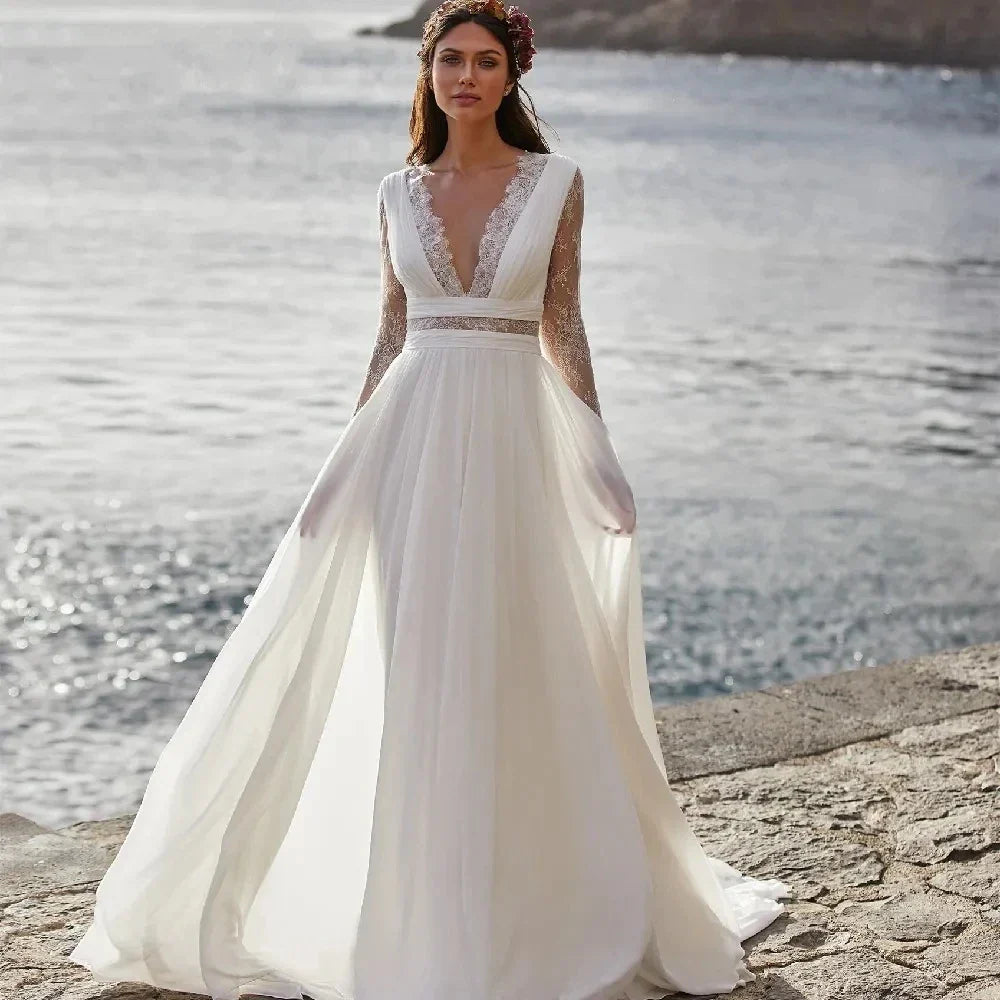 Robes de mariée trapèze à col en V, manches longues, en mousseline et satin, pour soirée formelle 2024 