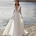 Robes de mariée trapèze à col en V, manches longues, en mousseline et satin, pour soirée formelle 2024 
