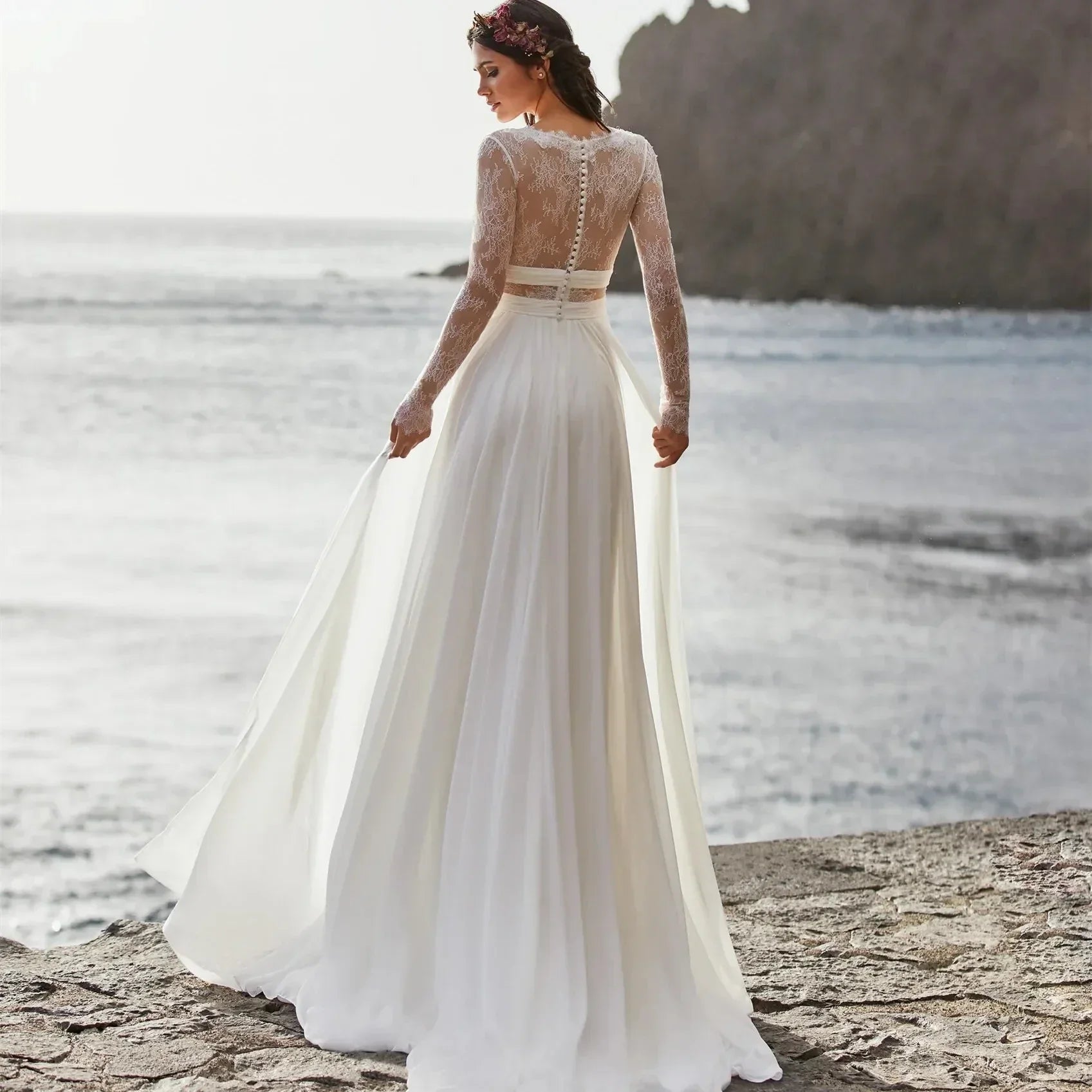Robes de mariée trapèze à col en V, manches longues, en mousseline et satin, pour soirée formelle 2024 