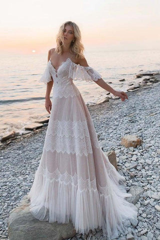 Vestidos de novia bohemios con tirantes, hombros descubiertos y encaje encantador para la playa WD557