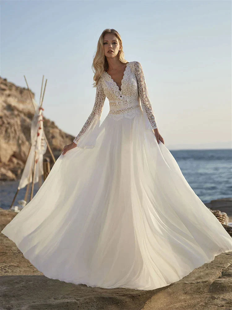 Bohemian A Line Chiffon Wedding Dresses 2024 V Neck Long Sleeve Lace Applique Backless For Women  Bridal Gown Vestidos De Novia