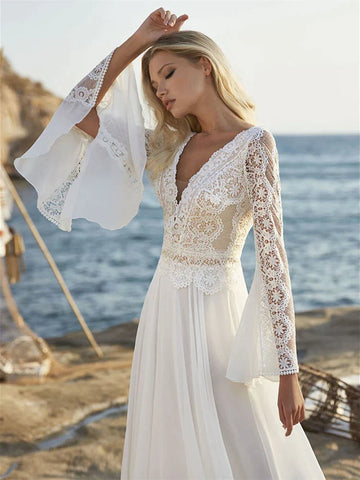 Bohemian A Line Chiffon Wedding Dresses 2024 V Neck Long Sleeve Lace Applique Backless For Women  Bridal Gown Vestidos De Novia
