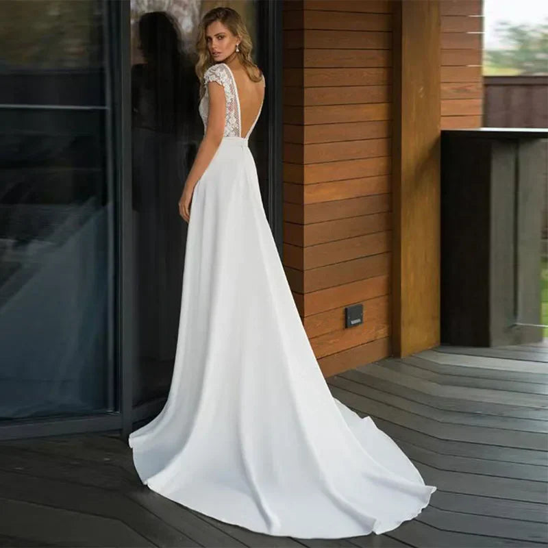 Bohemian Deep V-neck Bridal Dresses 2024 Elegant Lace Sticking Flora Back Chiffon Wedding Gowns De Mariée Customized Robe De