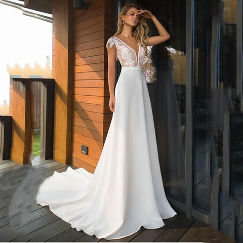 Vestidos de novia bohemios con escote en V profundo 2024, elegantes vestidos de novia de gasa con espalda floral y encaje pegado, vestidos de novia personalizados.