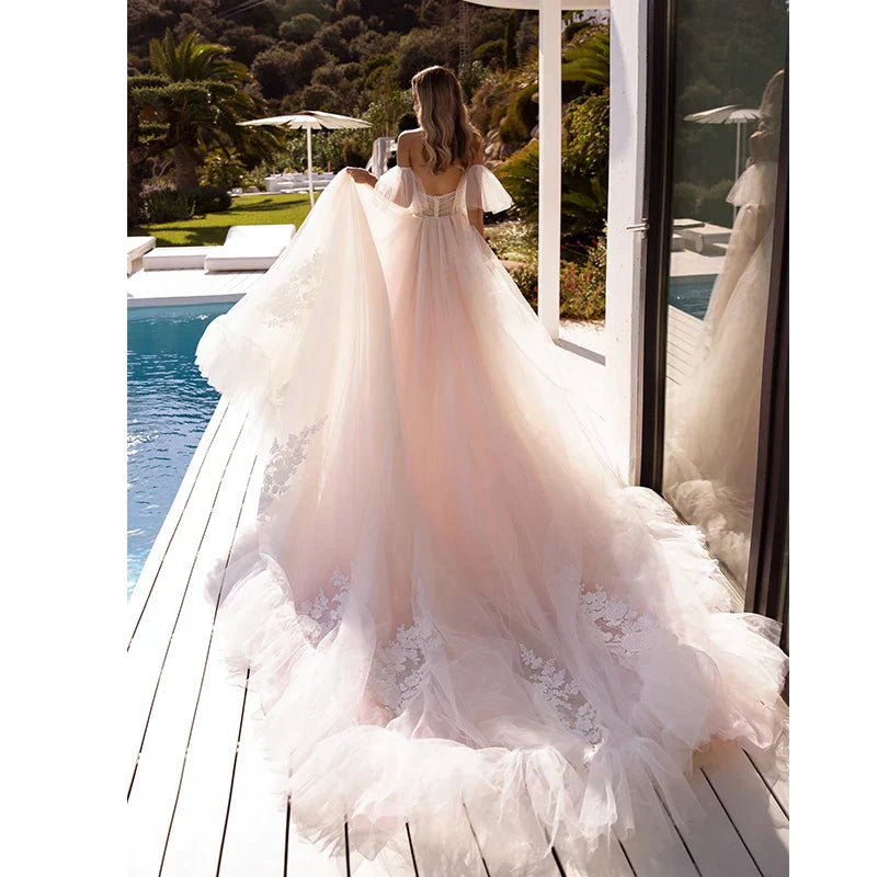 Bohemian Tulle Applique A-Line Wedding Dress With Detachable Sleeves Bridal Gownes Elegant Women's Formal Wedding Dresse Vestido