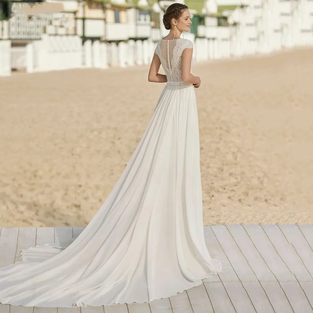 Bohemian V Neck Chiffon Wedding Dresses Short Sleeve Illusion Buttons Back Lace Vestido De Noiva Robe De Mariee