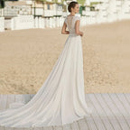 Bohemian V Neck Chiffon Wedding Dresses Short Sleeve Illusion Buttons Back Lace Vestido De Noiva Robe De Mariee